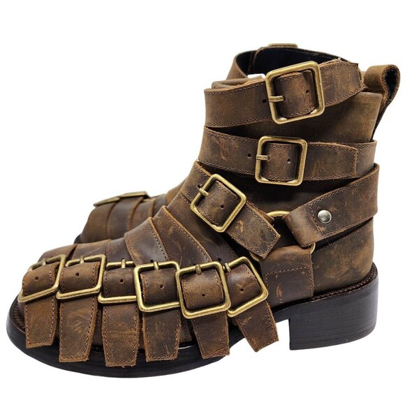 Jeffrey Campbell Brown Leather Belted-Up Buckle Ankle Boots  Women's 5 - Picture 8 of 10